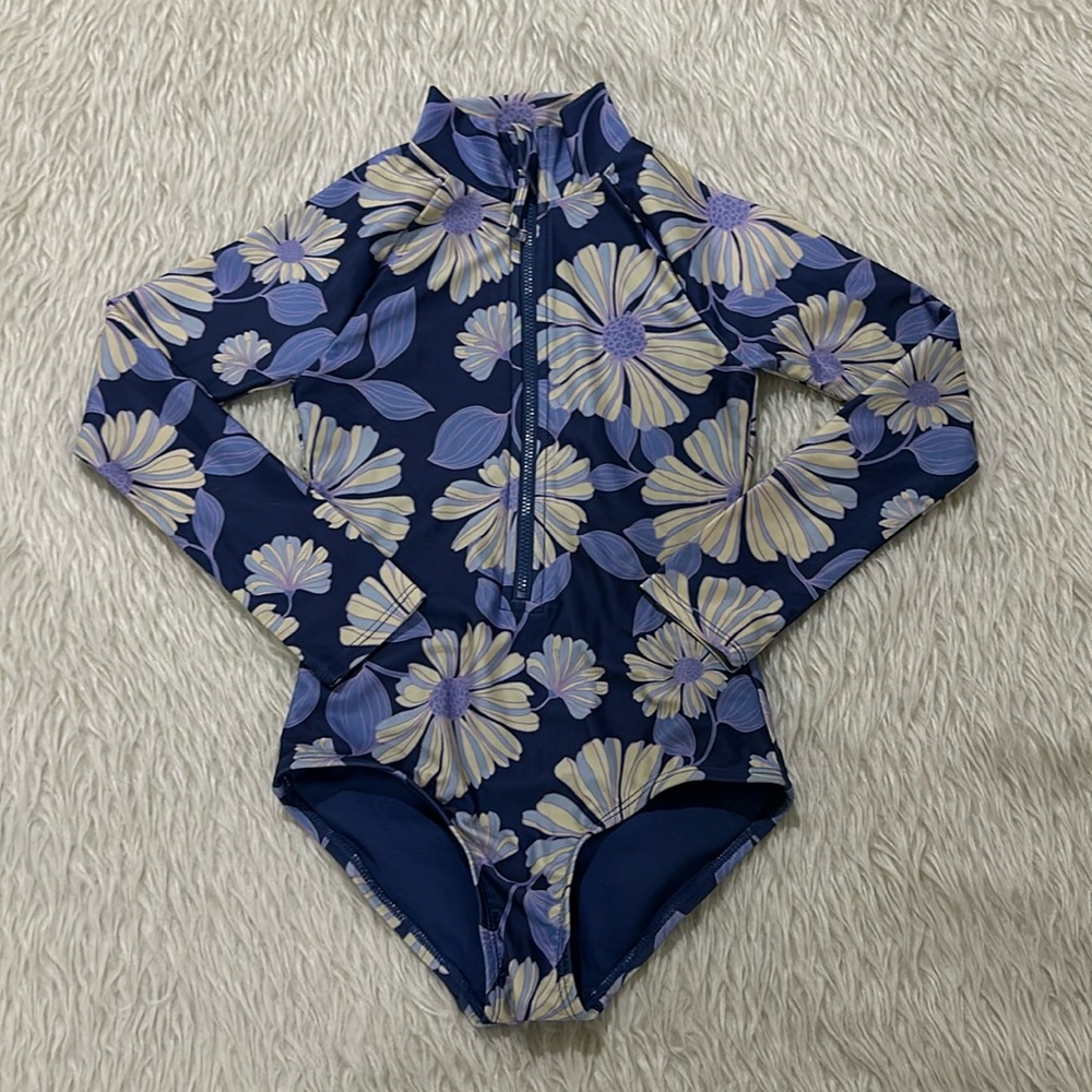 Gap blue floral one piece long sleeve swimsuit size small